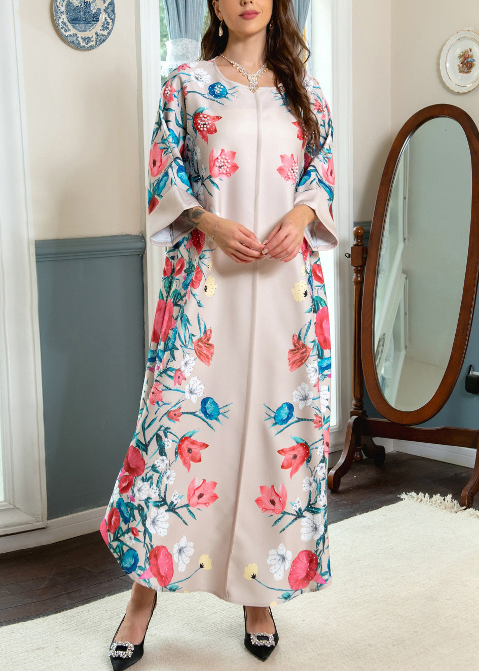 Robe ample en coton imprimé abricot à col rond, printemps AA1020