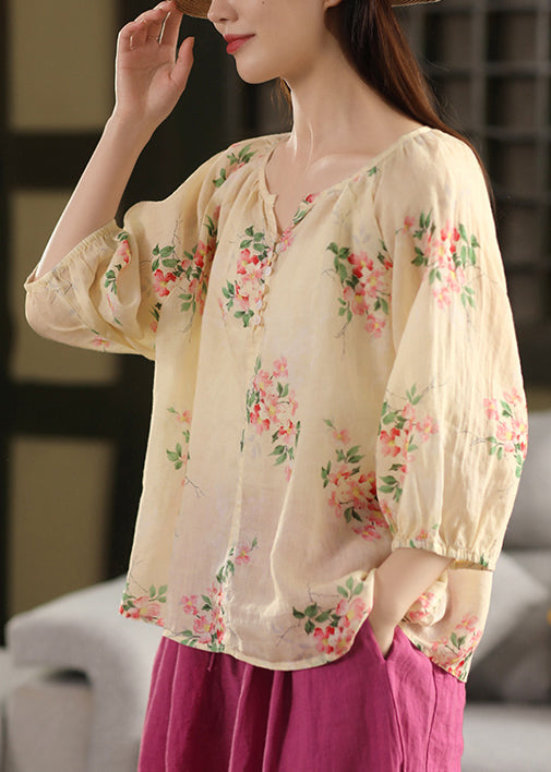 Lose Blusen Dünn Apricot Knopfdruck Leinen Sommer