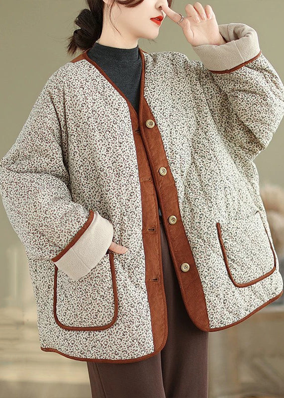 Loose Apricot Print Pockets Patchwork Warm Fleece Coat Winter QO070