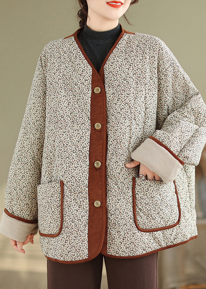 Loose Apricot Print Pockets Patchwork Warm Fleece Coat Winter QO070