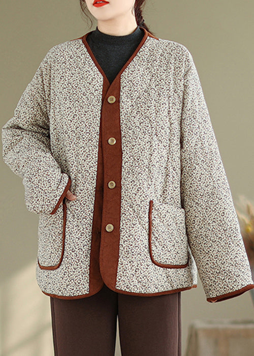 Loose Apricot Print Pockets Patchwork Warm Fleece Coat Winter QO070