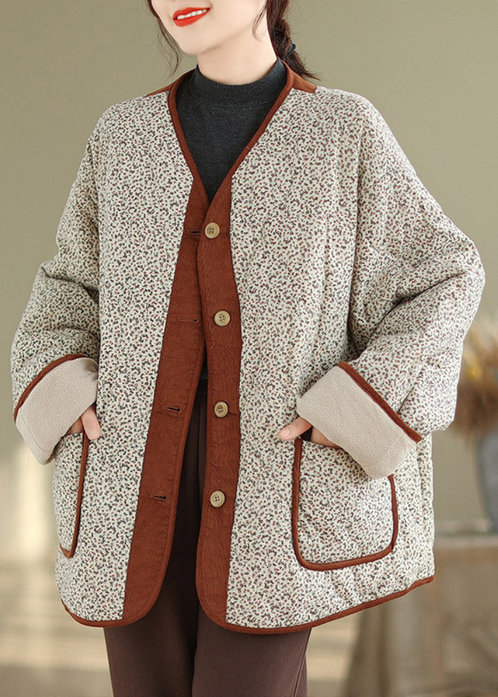 Loose Apricot Print Pockets Patchwork Warm Fleece Coat Winter QO070