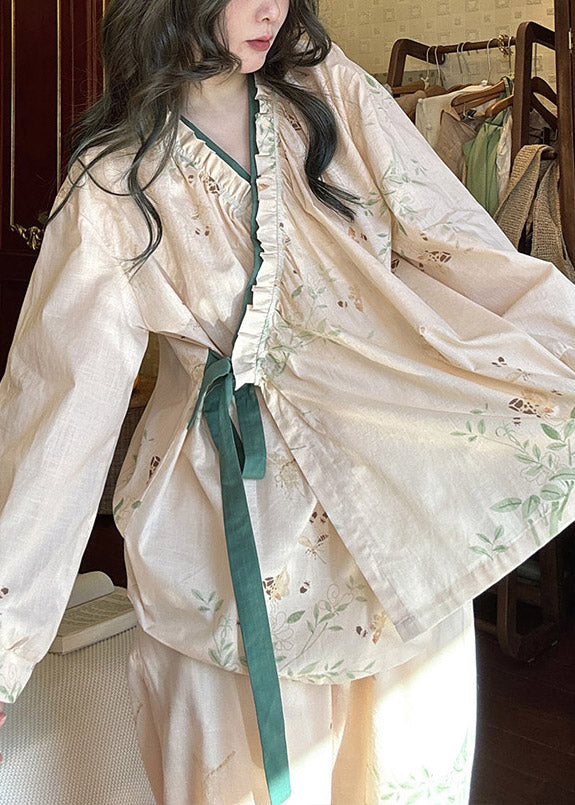 Up Two Cotton Lace Pieces Ruffled Apricot Pajamas Loose Set Print