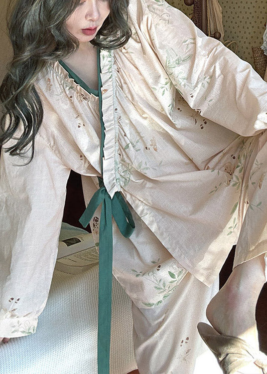 Up Two Cotton Lace Pieces Ruffled Apricot Pajamas Loose Set Print