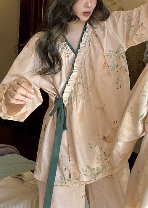 Up Two Cotton Lace Pieces Ruffled Apricot Pajamas Loose Set Print