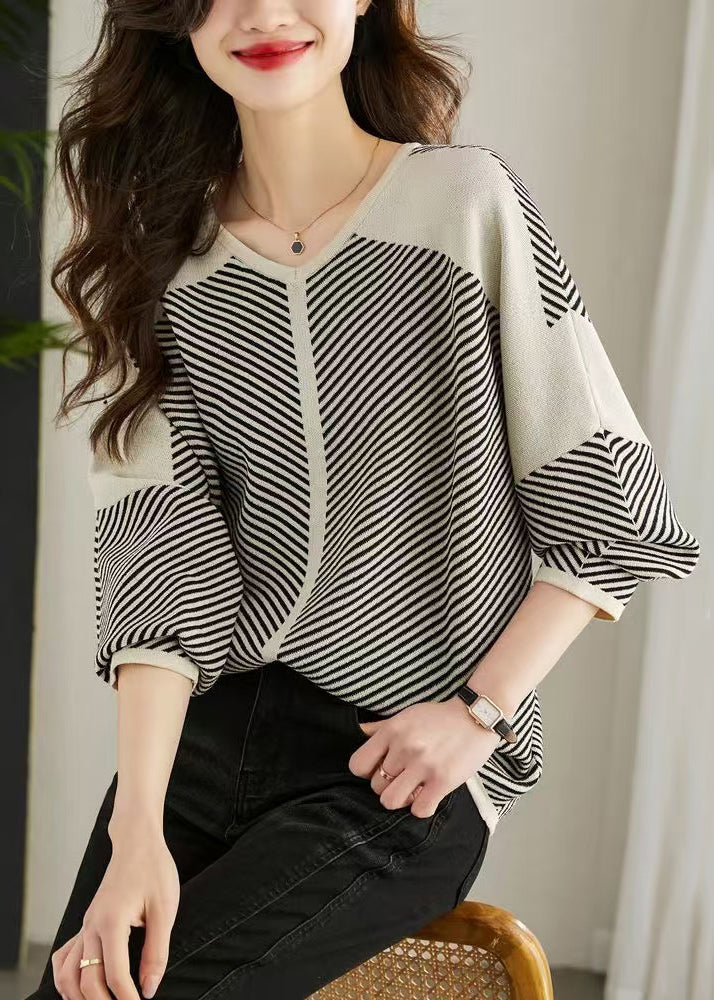 V Patchwork Apricot Loose Neck Striped Pullover Frühlingsstrick