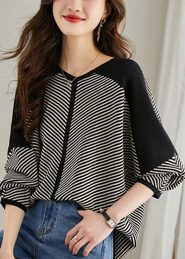 V Patchwork Apricot Loose Neck Striped Pullover Frühlingsstrick