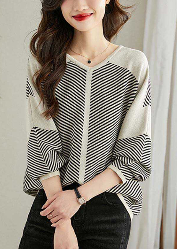 V Patchwork Apricot Loose Neck Striped Pullover Frühlingsstrick
