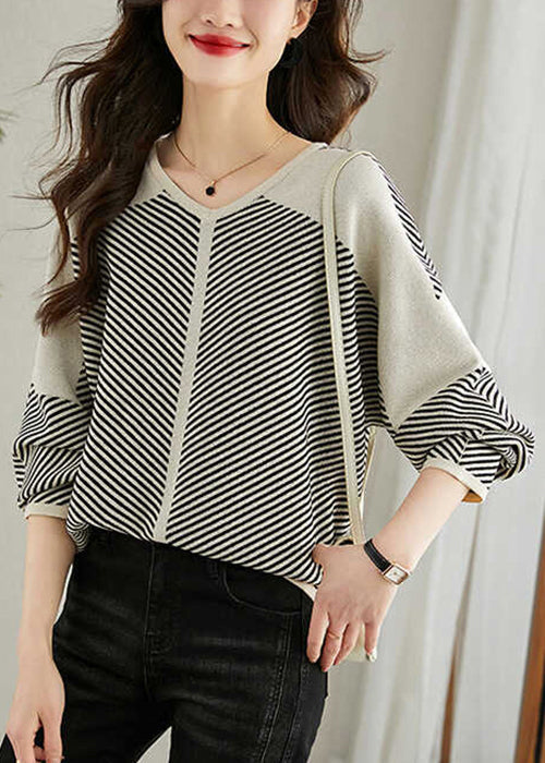 V Patchwork Apricot Loose Neck Striped Pullover Frühlingsstrick