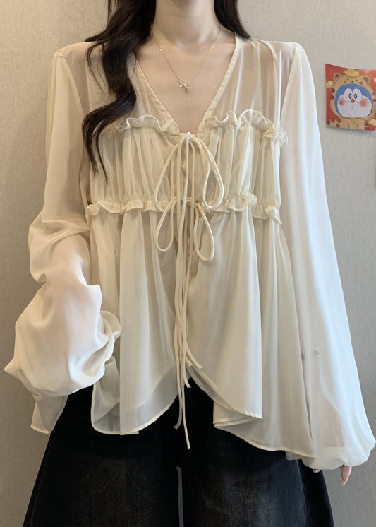Loose Chiffon Ruffled Fall V Shirt Apricot Neck