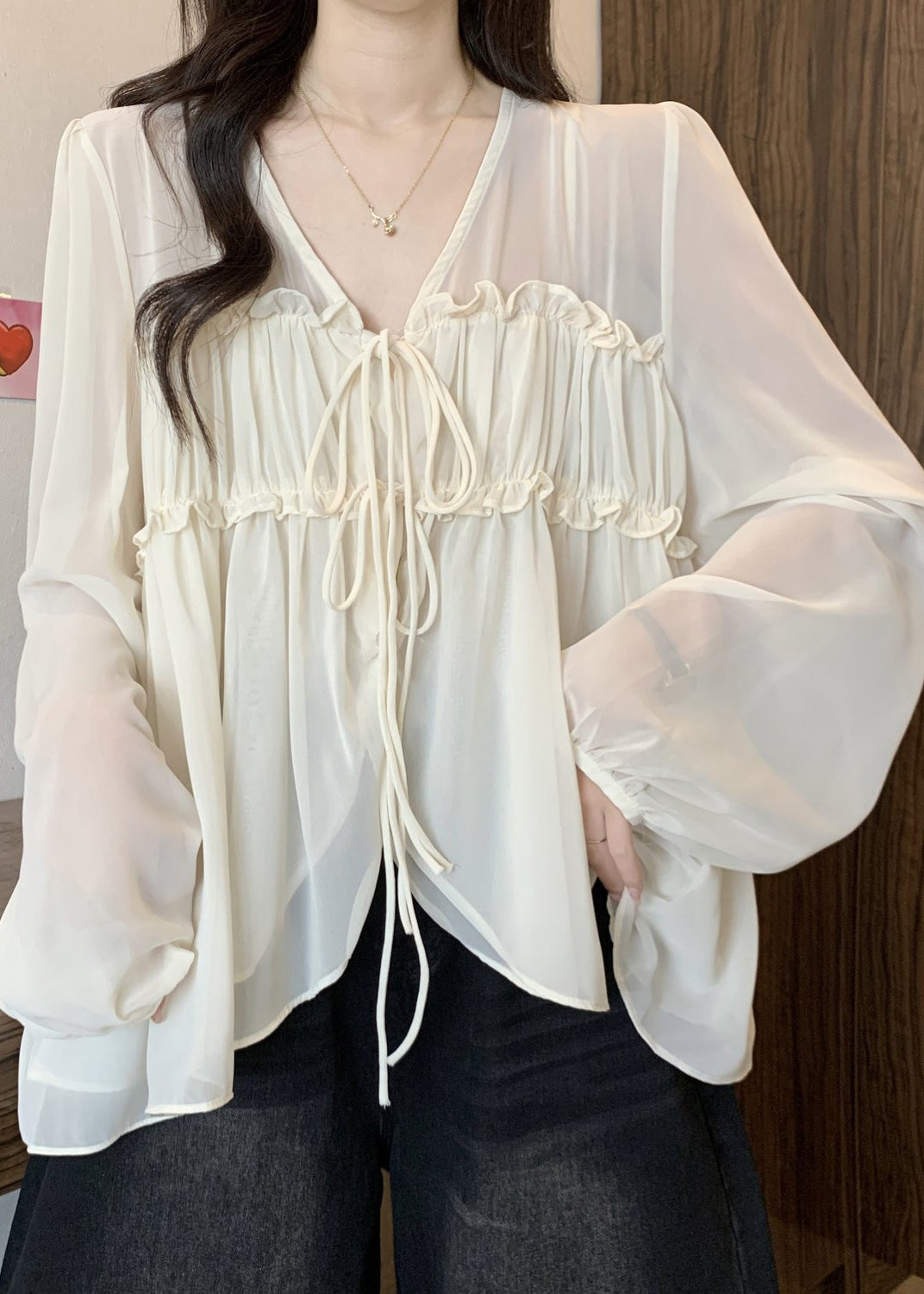 Loose Chiffon Ruffled Fall V Shirt Apricot Neck