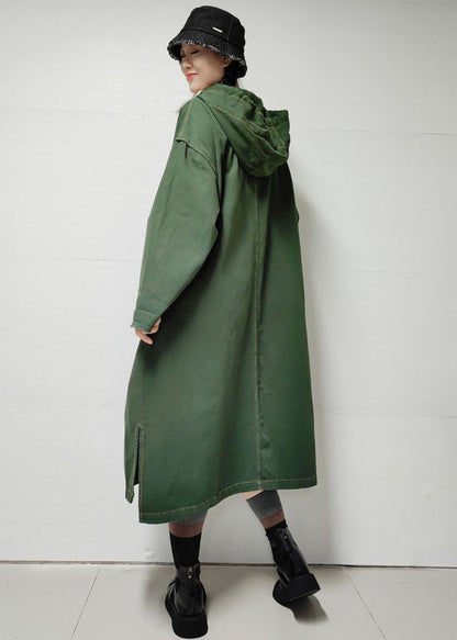 Loose Army Green Hooded Pockets Denim Long Trench Coat Fall MN038