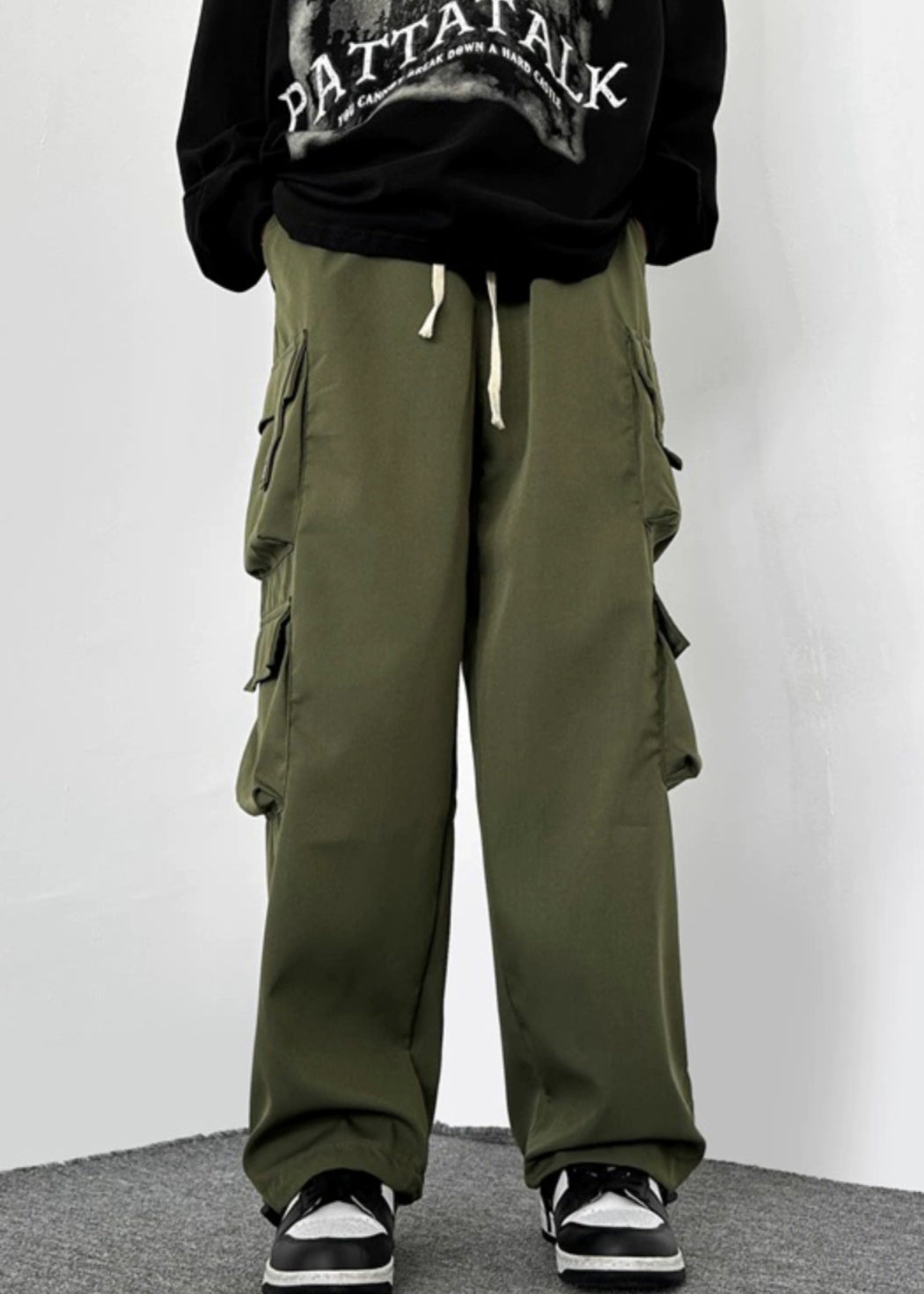 Drawstring Green Cotton Pockets Loose Army Mens Casual Pants