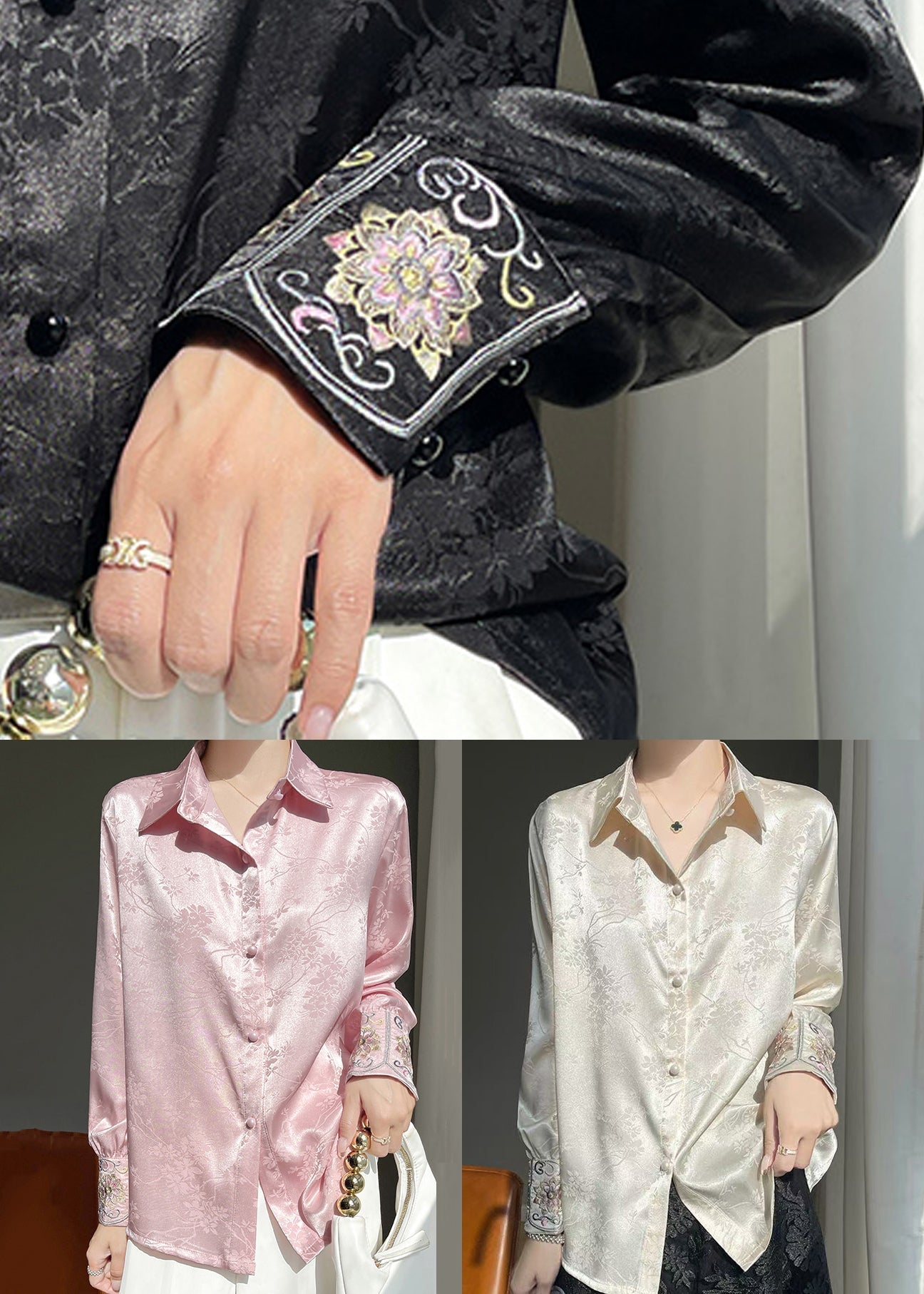 Button Embroidered Beige Fall Shirt Silk Loose