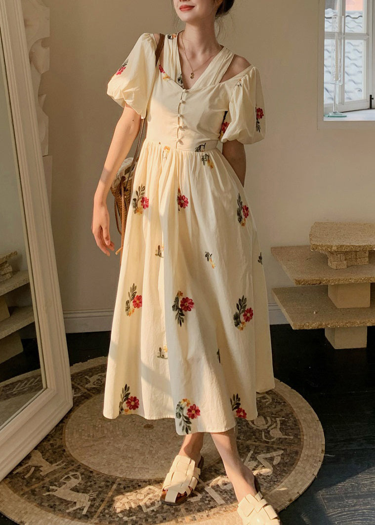 Robe en coton deux pièces ample brodée beige pour l'été ZL020