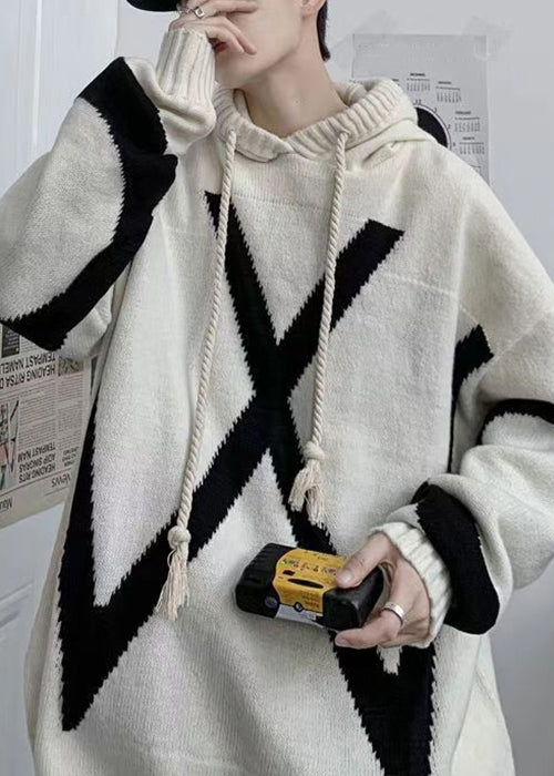 Loose Beige Hooded Cozy Knit Men Sweaters Winter RP065