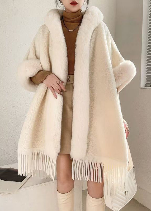 Loose Beige Hooded Tasseled Warm Fleece Cape Coats Winter RC019