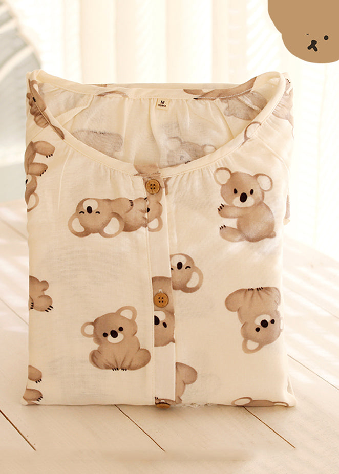 Loose Beige O-Neck Animal Print Button Cotton Two Piece Set Long Sleeve XS1010