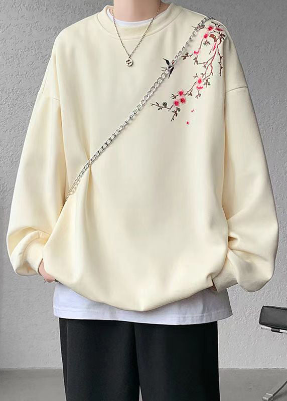 Loose Beige O Neck Embroideried Cotton Men Pullover Sweatshirts Fall WJ036