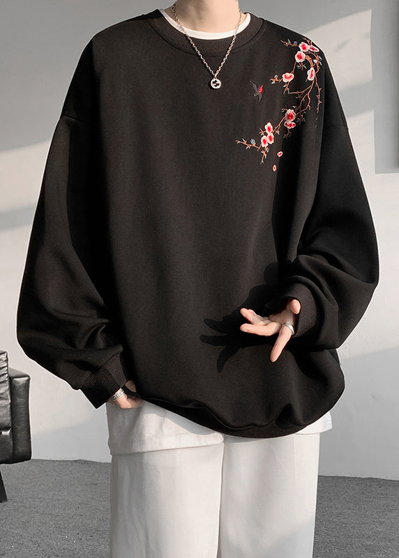 Loose Beige O Neck Embroideried Cotton Men Pullover Sweatshirts Fall WJ036