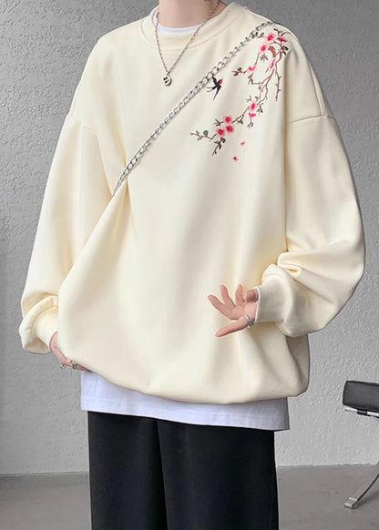 Loose Beige O Neck Embroideried Cotton Men Pullover Sweatshirts Fall WJ036