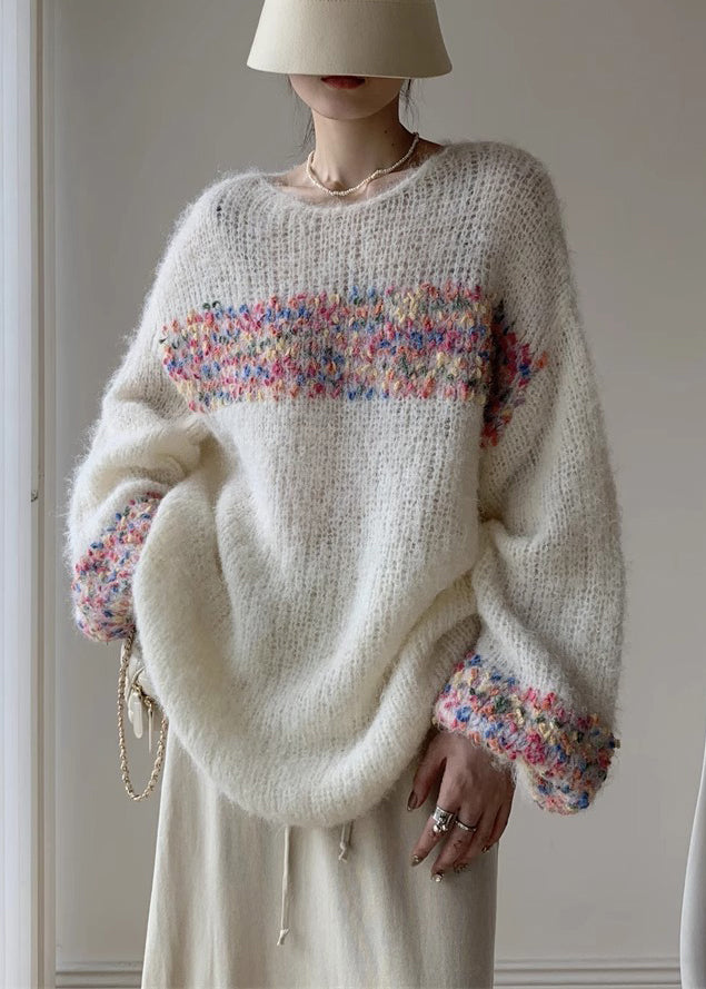 Loose Beige O Neck Hollow Out Knit Sweaters Winter WK041