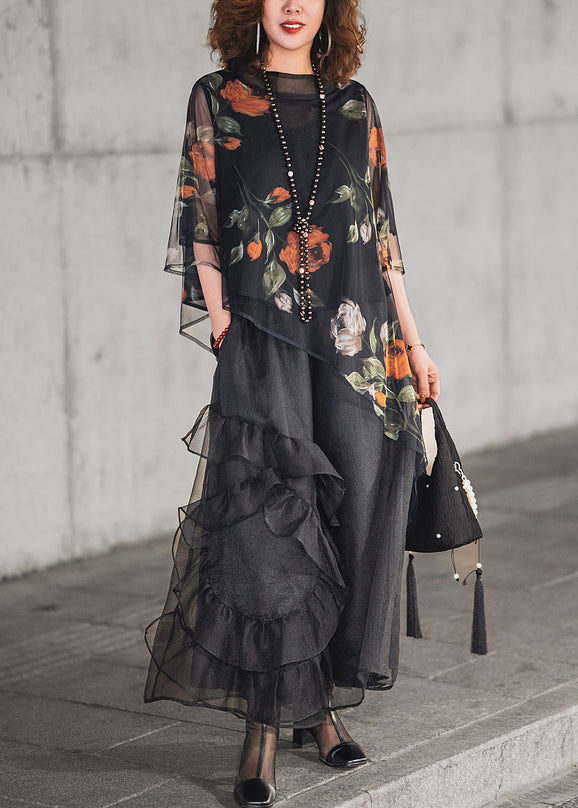 Pieces Ruffled Tulle Set Half Black Print Asymmetrical Loose Two
