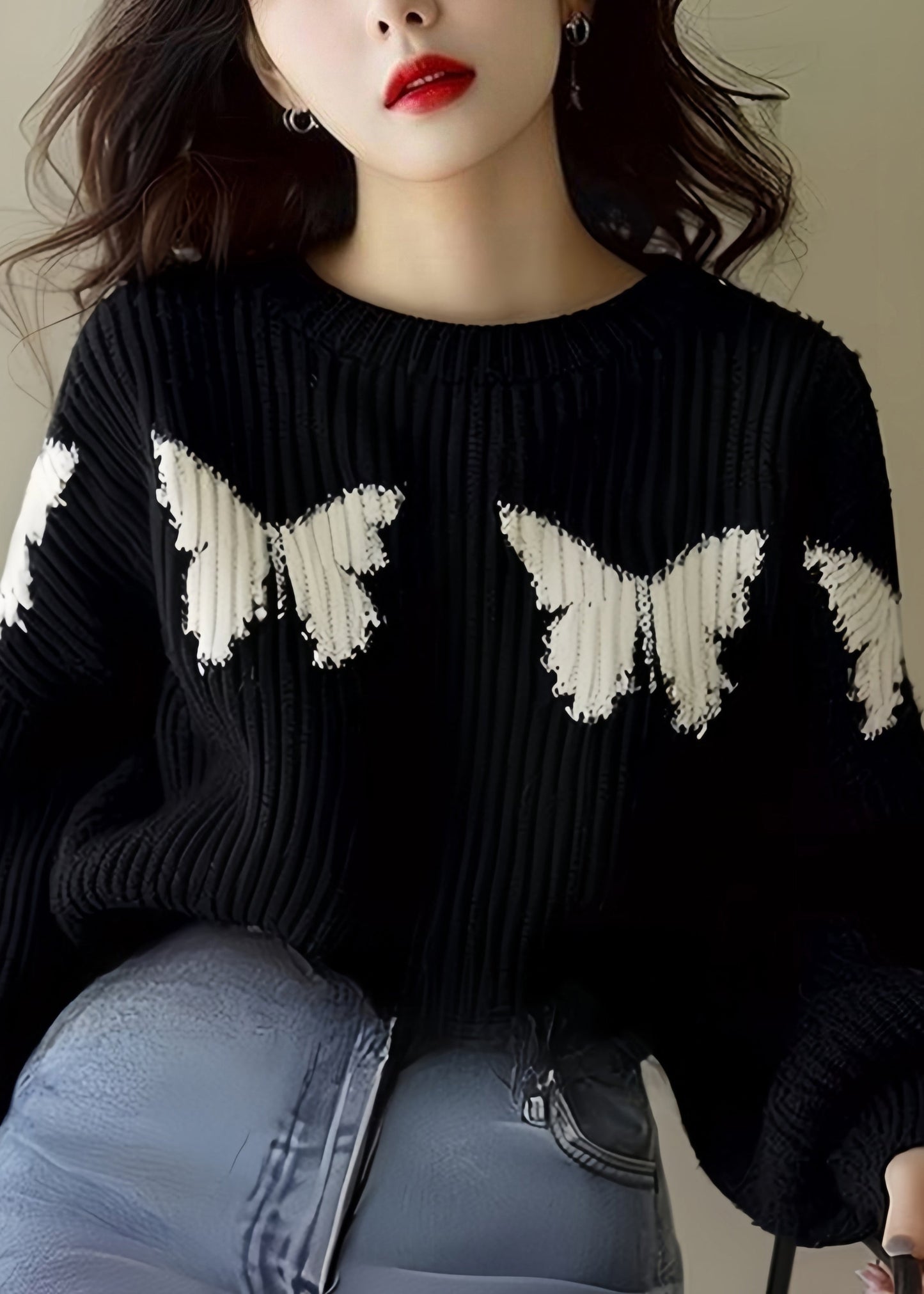 Loose Black Butterfly Print Knit Sweater Winter WX025