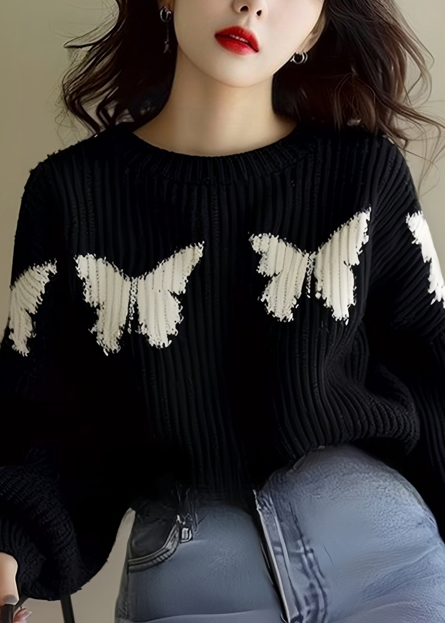 Loose Black Butterfly Print Knit Sweater Winter WX025