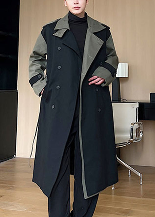 Loose Black Double Breast Pockets Patchwork Cotton Men Trench Coats Winter RO052