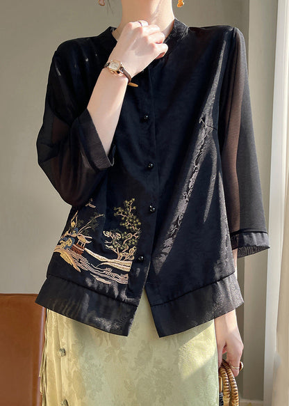 Loose Black Embroidered Button Silk Shirts Bracelet Sleeve AB1039