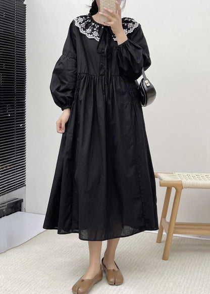 Loose Black Embroidered Lace Up Cotton Dress Spring VV022