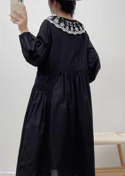 Loose Black Embroidered Lace Up Cotton Dress Spring VV022