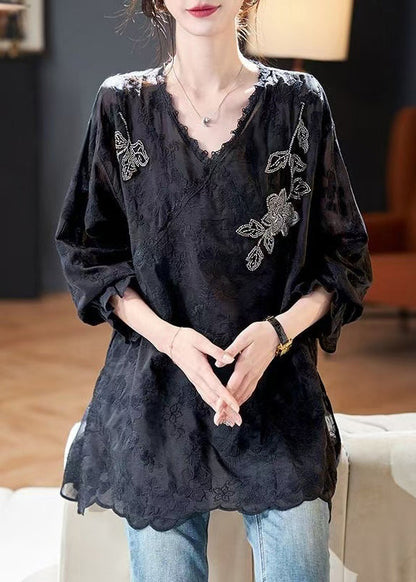 Loose Black Embroidered Nail Bead Side Open Silk Cotton Tops Spring RZ038