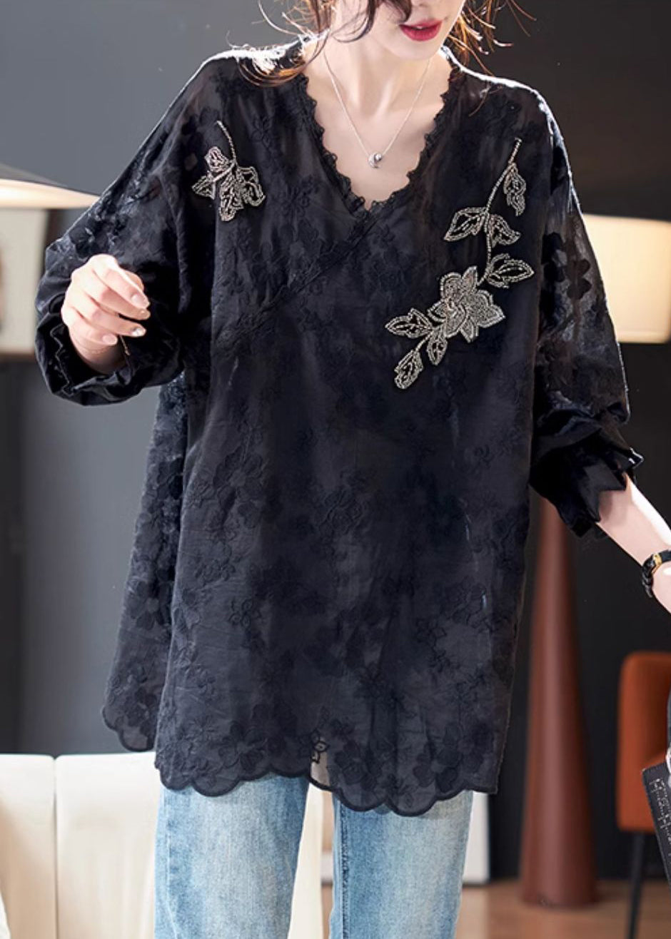 Loose Black Embroidered Nail Bead Side Open Silk Cotton Tops Spring RZ038