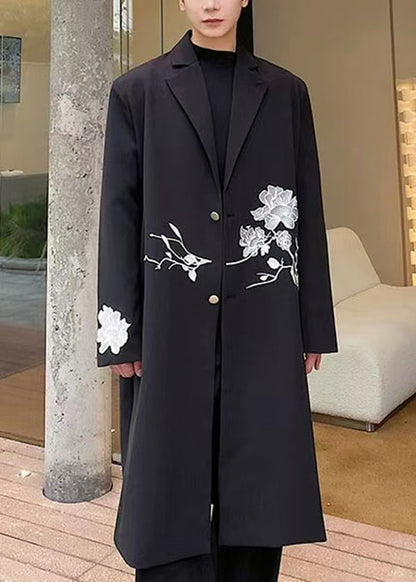 Loose Black Embroideried Button Spandex Men Long Trench Coat Fall RO029