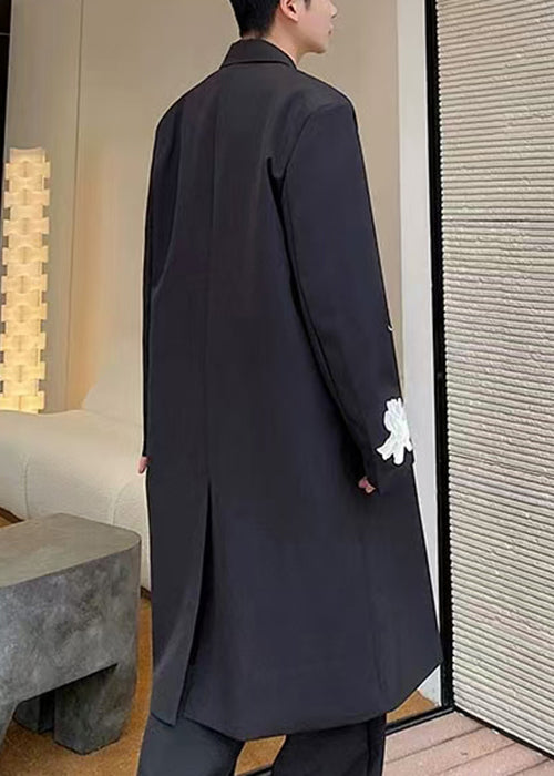 Loose Black Embroideried Button Spandex Men Long Trench Coat Fall RO029