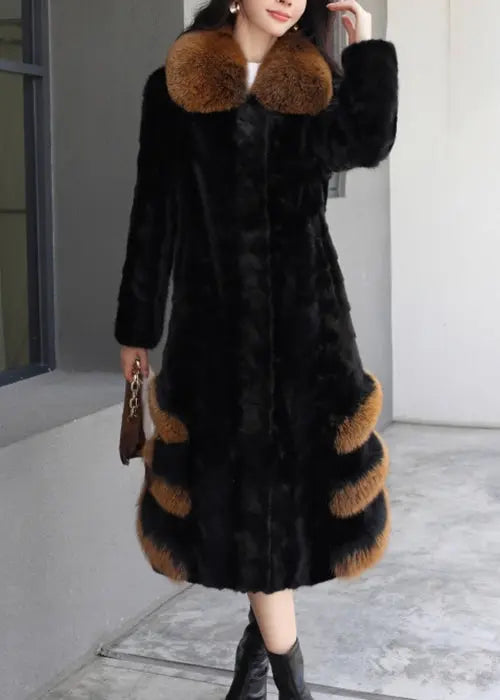 Loose Black Fox Collar Pockets Mink Hair Leather And Fur Long Coats Winter Ada Fashion