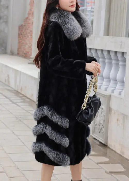 Loose Black Fox Collar Pockets Mink Hair Leather And Fur Long Coats Winter Ada Fashion