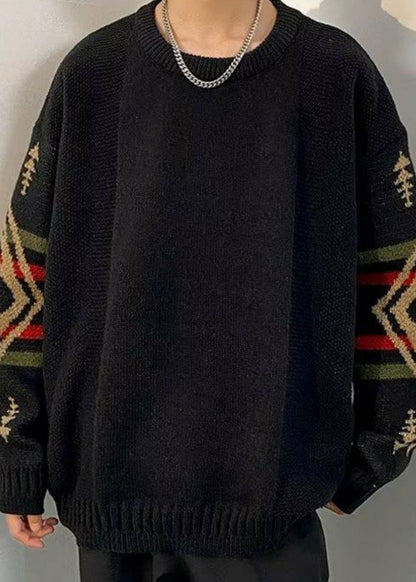 Loose Black Geometric Thick Knit Mens Sweaters Winter QF029