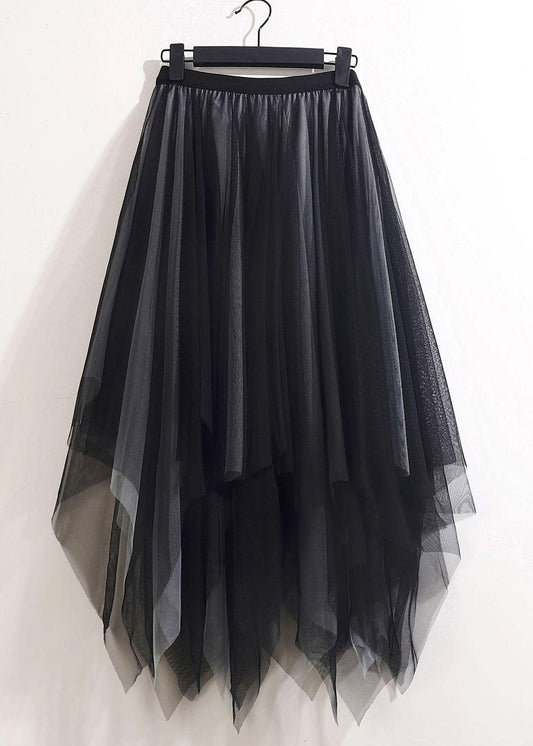 Loose Black Grey Asymmetrical Wrinkled Tulle Skirts Summer Ada Fashion