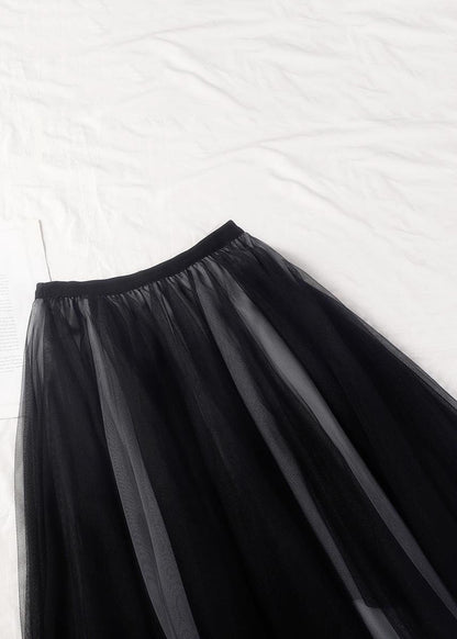 Loose Black Grey Asymmetrical Wrinkled Tulle Skirts Summer Ada Fashion