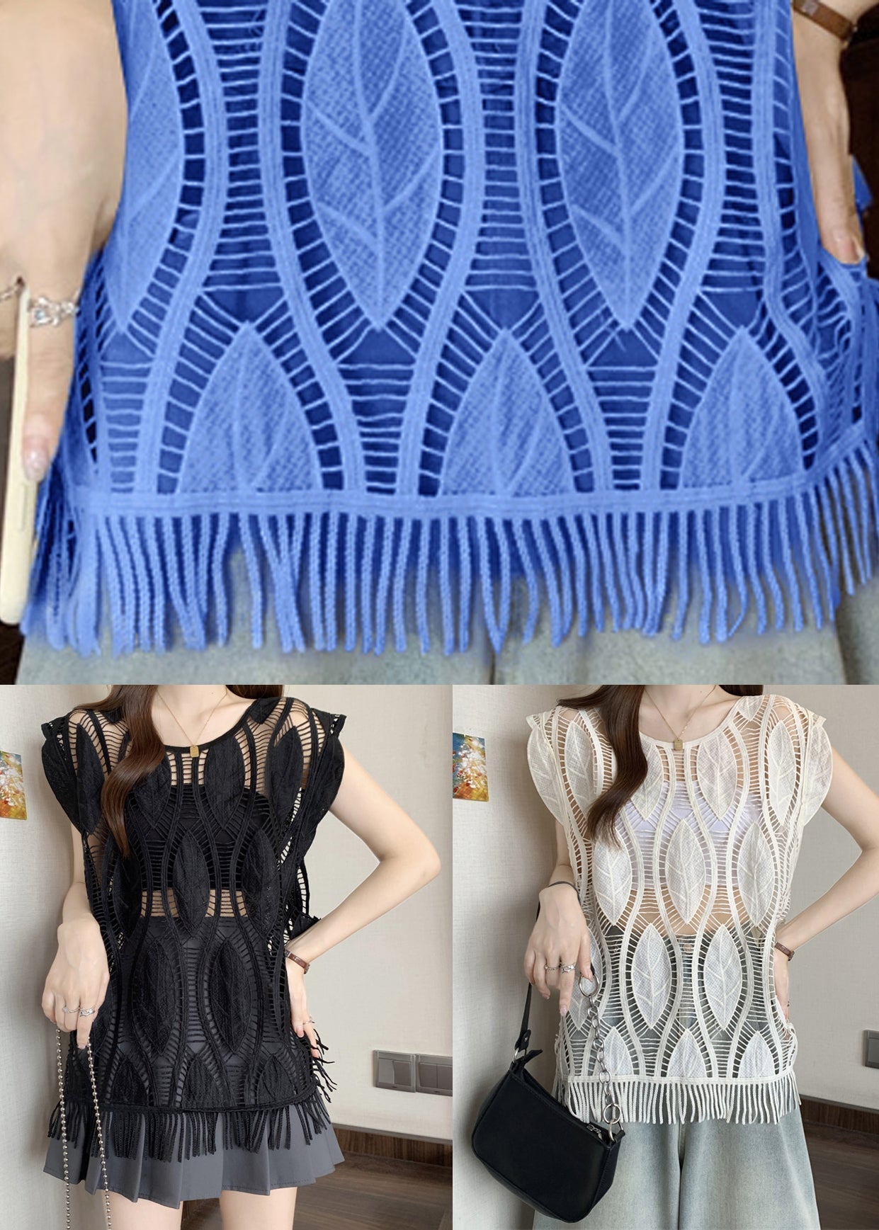 Loose Hollow Black Sleeveless Tasseled Out Cotton Tank