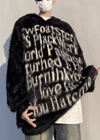 Loose Black Hooded Letter Mink Velvet Men Sweaters Winter RC038