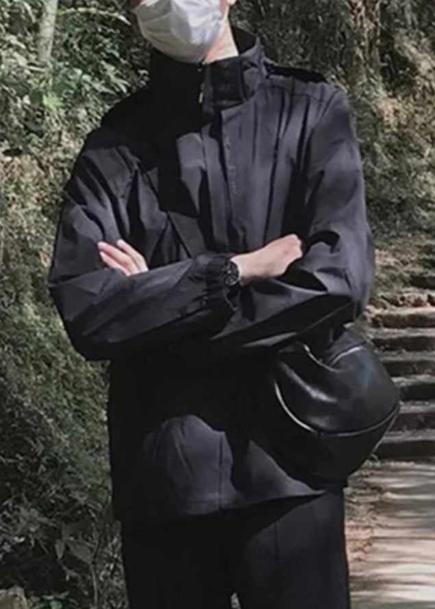 Solid Pockets Cotton Black Loose Hooded Men Spring Coat