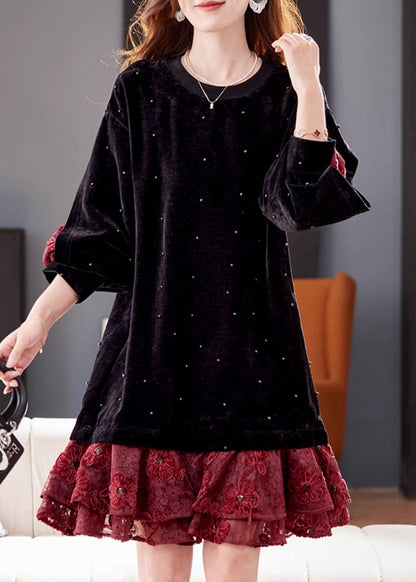 Loose Black Nail Bead Lace Patchwork Silk Velvet Dress Winter RL044