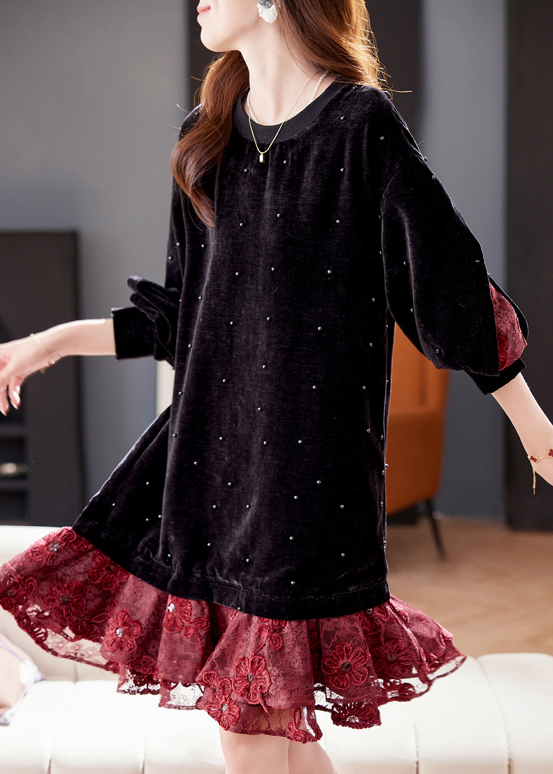 Loose Black Nail Bead Lace Patchwork Silk Velvet Dress Winter RL044