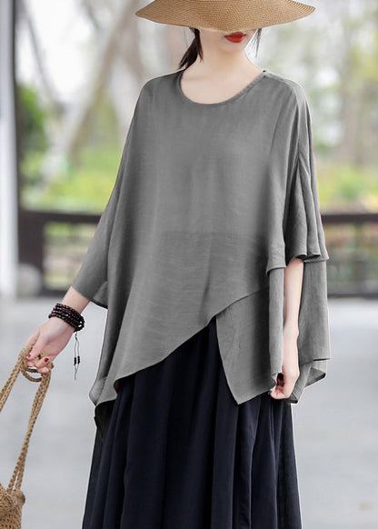 Loose Black O Neck Asymmetrical Cotton T Shirt Tops Summer LK023