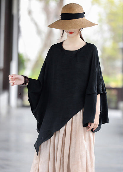 Loose Black O Neck Asymmetrical Cotton T Shirt Tops Summer LK023