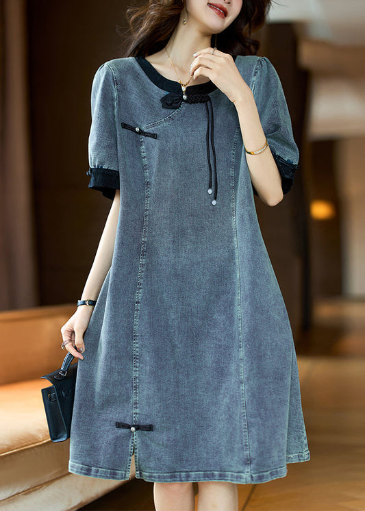 Loose Black O Neck Button Patchwork Denim Dress Summer AH349